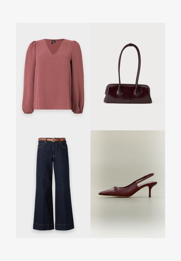 Lichtroze blouse met lange mouwen, V-hals, opgeblazen schouders en elastische manchetten, weergegeven op een effen lichte achtergrond.; Donkerblauwe denim wijde pijpen jeans met een hoge taille, een brown riem en zichtbare stikseldetails. Bevat voorzakken en heeft een relaxed fit.; Donkerrode leren slingback pump met hoge hak, spitse neus en kleine decoratieve knoop aan de voorkant, zijaanzicht tegen een neutrale achtergrond.; Donkerbruine glanzende leren handtas met lange, dunne handvatten en een gestructureerde rechthoekige bodem op een effen lichte achtergrond.