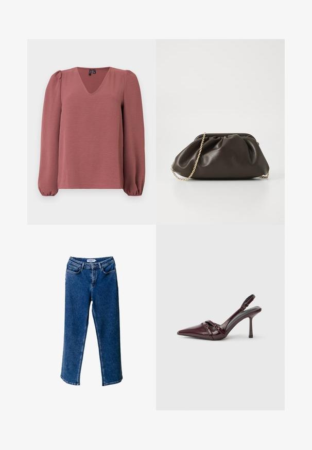 Blusa de manga larga en tono rosa polvo con escote en V, hombros abullonados y puños elásticos, exhibida sobre un fondo claro y liso.; Pantalones vaqueros de mezclilla de pierna ancha en azul, con cintura alta, que cuentan con bolsillos frontales, costuras en contraste y un ajuste relajado.; Zapato de tacón slingback de charol burdeos con puntera puntiaguda, fina correa en el tobillo y pequeño detalle decorativo de hebilla. Textura suave y tacón alto.; Bolso de mano de cuero marrón con un diseño fruncido, correa de cadena dorada y un acabado suave y texturizado. Forma compacta adecuada para uso nocturno.