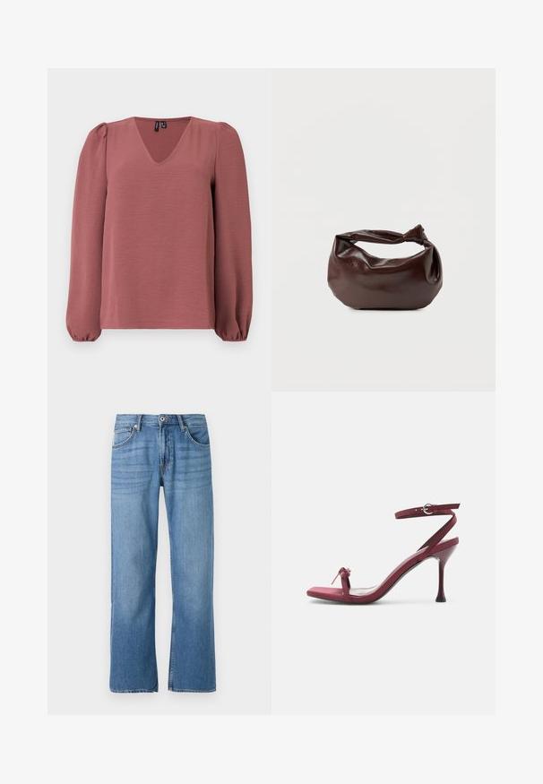 Lichtroze blouse met lange mouwen, V-hals, opgeblazen schouders en elastische manchetten, weergegeven op een effen lichte achtergrond.; Lichtblauwe denim jeans met een recht model, vijf-pocket stijl, enkele knoopsluiting en gestikte details langs de naden.; Bordeauxrode sandalette met hoge hak, dunne bandjes, een verstelbare enkelsluiting en een klein strikdetail op het teenbandje.; Donkerbruine leren schoudertas met een zachte, slungelige vorm en een gedraaide knoopvormige handgreep op een effen witte achtergrond.
