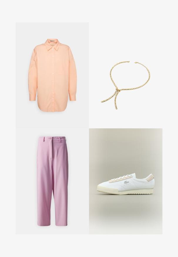 DRYKORN AAKE - Skjortebluser - orange; Lyserøde skræddersyede bukser med flad front, to sidelommer og knaplukning. Fremstillet af glat, letvægtsstof med løs pasform.; Hvide lædersneakers med en beige ruskindsdetalje. Har en rund tå, flade snørebånd og en tekstureret sål. Lacoste-logo på siden.; Kæde i gyldent metal med firkantede led og klare sten, med lariat-stil og to hængende ender på en hvid baggrund.