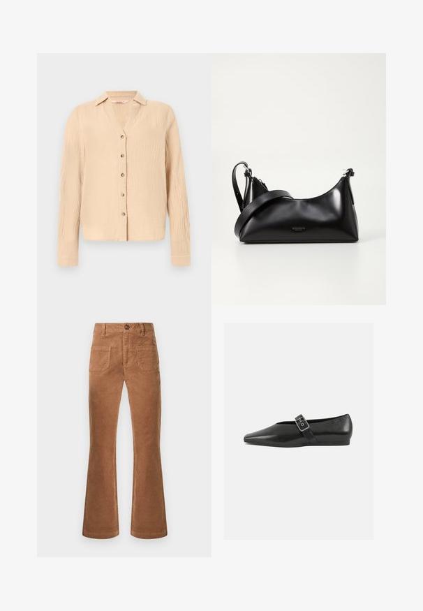 Hellbeiges, langärmliges Hemd mit Knöpfen, aus einem dezent strukturierten Stoff und klassischem Kragen.; Braune Cord-Flared-Pants mit einem Bund, einem vorderen Knopf und zwei hinteren Taschen. Glatte Textur und klassischer Schnitt.; Schwarze Lederflachschuhe mit spitzem Zehenbereich, ausgestattet mit einem metallischen Riemen über dem Spann und einer niedrigen, flexiblen Sohle.; Schwarze lederne Handtasche mit glatter Textur. Verfügt über einen verstellbaren Riemen und ein elegantes, minimalistisches Design mit einem Reißverschluss.