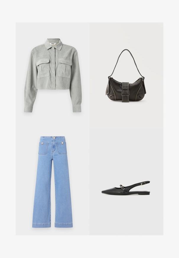 Camisa de pana gris recortada con mangas largas, dos bolsillos en el pecho y cuello puntiagudo. La tela tiene un sutil patrón texturizado.; Jeans de pierna ancha de color azul claro con cintura alta, dos bolsillos traseros y botones en tono dorado. Están confeccionados con denim de textura suave y acabado limpio.; Zapatos slingback de cuero negro con punta afilada, que cuentan con una correa estrecha y un detalle de hebilla plateada en el lateral. Suela plana.; Bolso de hombro de cuero negro con detalle de correa con hebilla, bordes curvos y costuras blancas en contraste sobre un fondo liso.
