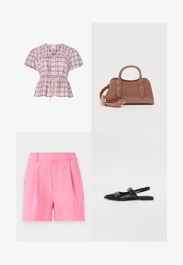 Blouse peplum à manches courtes en rose clair et à motif vichy blanc. Dotée d'un nœud à l'avant, de fronces à la taille et en coton doux.; Shorts roses en coton avec une texture lisse, dotés de plis, d'une taille élastique et de poches latérales pour plus de fonctionnalité.; Even&Odd by Zalando Ballerines à brides arrière - black; Sac à main brillant couleur rose avec deux poignées supérieures, une bandoulière détachable et des détails de couture décorative. Forme compacte et structurée.