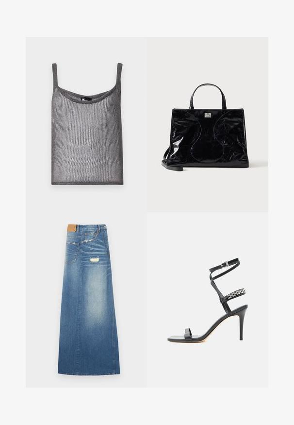 Hallide hallkaelusega hall ilma varrukateta särk, mis on valmistatud pehmest ja tekstuurist kootud kangast ning millel on vabalt langev lõige. Omab õhukesi õlavarre rihmu.; Heledsinine denim maxi seelik kõrge vöökoht, kulumiste efektiga, taskutega ja sirge siluetiga, valmistatud puuvillast kangast.; Mustad kõrgete kontsadega sandaalid, millel on õhuke pahkluu rihm, keskjala rihm, mis on kaunistatud hõbedaste kettlinkidega, ja avatud varbaga disain.; Mustast läikivast nahast käekott lühikeste käepidemete, eemaldatava õlakaaelarihma ja esiküljel paiknevate peente kaardus õmblustega.