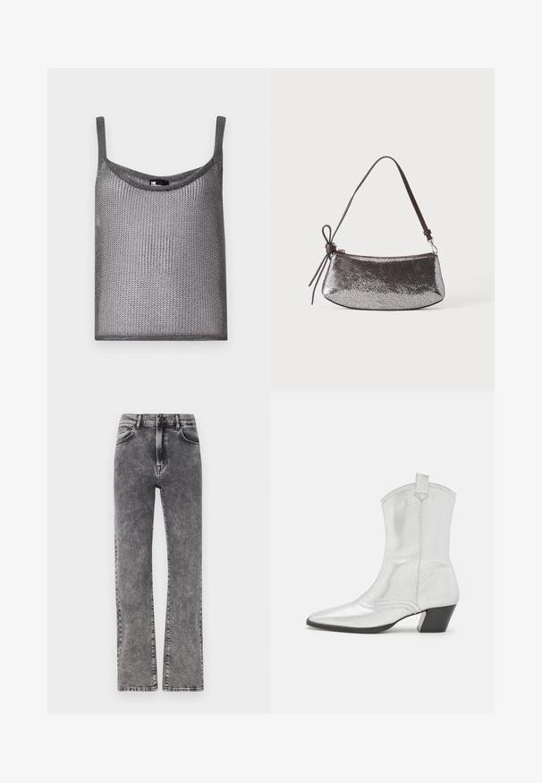 Grijs mouwloze top gemaakt van een zachte, gestructureerde brei-stof met een losse pasvorm en ronde halslijn. Voorzien van dunne schouderbandjes.; Grijze denim hoge taille jeans met een rechte pijp, featuring subtiele wassing en standaard vijf-pocket stijl.; Castañer DIMBA - Cowboy-/Bikerlaarsjes - plata; Kleine metallic zilveren handtas met een gestructureerd oppervlak, een korte donkerbruine riem en een decoratieve gebonden strik aan één kant.