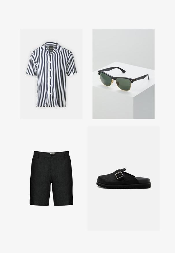 Kurzarmhemd mit navyblauen und weißen vertikalen Streifen, Button-Down-Vorderseite und klassischem Kragen. Hergestellt aus leichtem Stoff.; Schwarze Leinen-Shorts mit flachem Vorderteil, Gürtelschlaufen und einem einzelnen Knopfverschluss. Sie verfügen über einen strukturierten Stoff und leicht tapered Beine.; Schwarzer Slip-On-Clog mit strukturierter Oberseite, silbernem Schnallenriemen und dicker geriffelter Sohle, seitlich auf weißem Hintergrund dargestellt.; Ray-Ban Sonnenbrillen mit grünen Gläsern, schwarzen Kunststoffrahmen und goldenen Akzenten an den Rändern. Quadratische Form mit matter Oberfläche.
