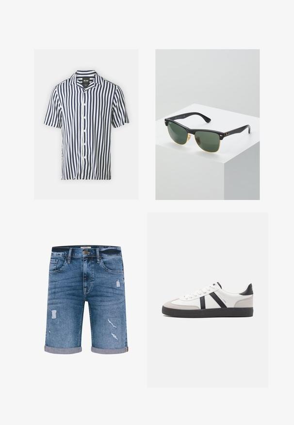 Kortærmet skjorte med marineblå og hvide lodrette striber, knaplukning foran og klassisk krave. Lavet af letvægtsmateriale.; Denimshorts i medium blå med distressed detaljer, opsmøgede kant, fem lommer og metalknaplukning. Standard pasform.; Hvide sneakers med sorte og grå detaljer, med en tekstureret grå tåhætte, sort gummisål og flade hvide snørebånd. Rent design, minimalistisk stil.; Ray-Ban solbriller med grønne linser, sorte plastikstel og gyldne detaljer ved kanterne. Firkantet form med mat finish.