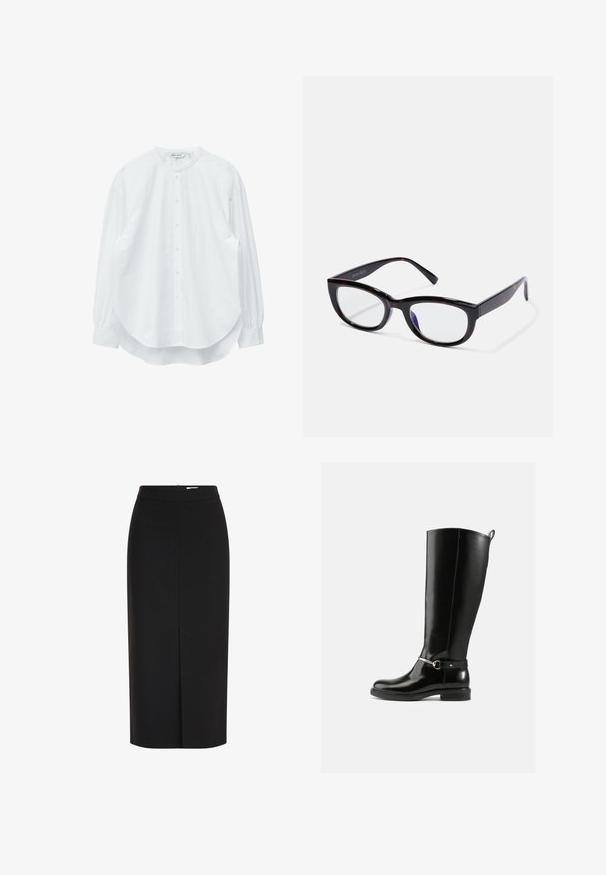 Camisa blanca de manga larga con botones, cuello mao, dobladillo redondeado y puños abotonados, mostrada sobre un fondo blanco.; Falda lápiz midi negra de cintura alta con una abertura frontal y cremallera oculta sobre un fondo blanco.; Botas negras hasta la rodilla hechas de cuero brillante, con un detalle de hebilla plateada en el tobillo y un diseño de punta redondeada. Suela plana.; Gafas de sol de cat-eye negras con un acabado brillante, lentes transparentes y sutiles acentos de carey en las patas. Nombre de la marca "ANNA FIELD" visible.