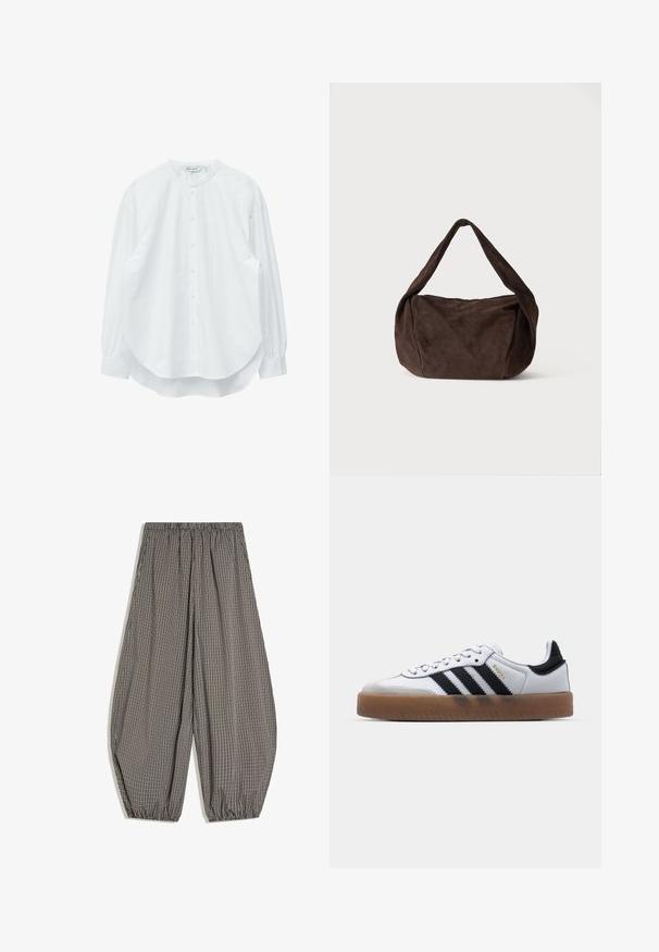 Chemise blanche à manches longues avec col mao, ourlet arrondi et poignets boutonnés, présentée sur un fond blanc.; Pantalon ample avec taille et poignets élastiques, présentant un petit motif à carreaux marron et blanc.; Baskets en cuir blanc avec des rayures noires, semelle extérieure en caoutchouc beige, bout rond, fermeture lacée et embout en suède gris doux.; Sac à bandoulière en daim brun foncé souple avec une large sangle et une forme rectangulaire arrondie et décontractée sur un fond clair uni.