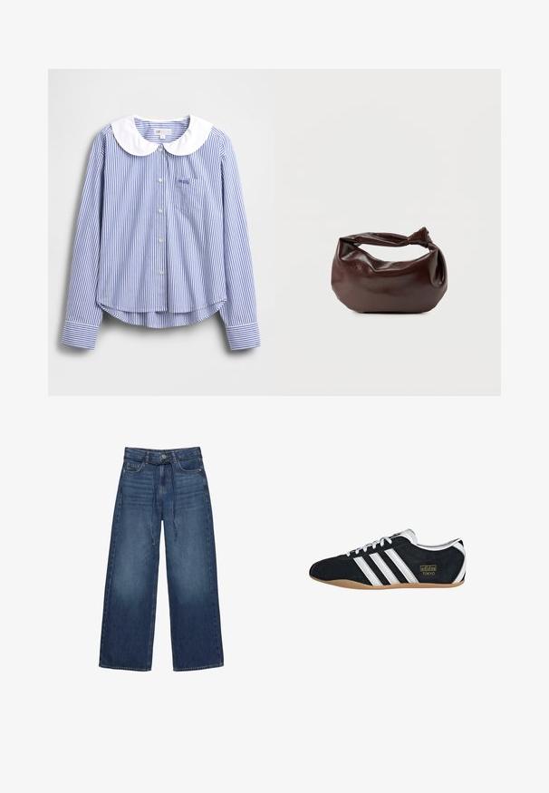 Chemise à manches longues rayée bleu et blanc avec un col Claudine blanc, fermeture à boutons et une petite poche poitrine. Tissu en coton doux.; Jean en denim à jambes larges de couleur bleu foncé, avec une taille ajustée, des passants de ceinture et une fermeture à bouton à l'avant. Texture lisse avec un léger délavage.; Sneakers en suede noir avec trois bandes blanches, logo doré et semelle en caoutchouc marron. Présente un design à lacets à profil bas.; Sac bandoulière en cuir marron foncé avec une forme souple et décontractée et une anse nouée torsadée sur un fond blanc uni.