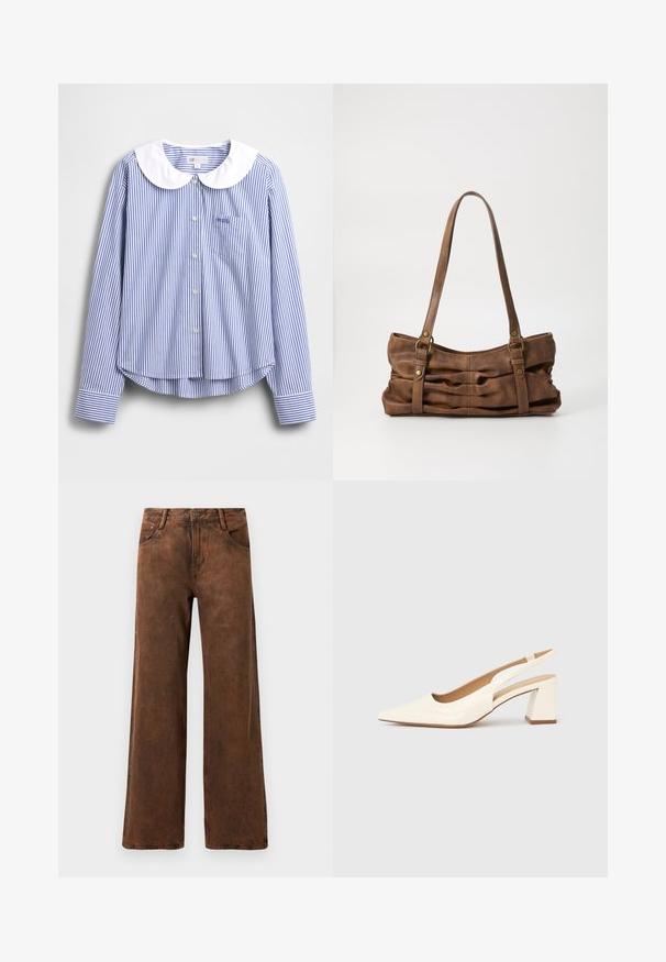 Blauw-wit gestreept shirt met lange mouwen, een witte Peter Pan-kraag, knoopsluiting en een klein borstzakje. Zachte katoenen stof.; Bruine wijde broek van denim, met een gestructureerde afwerking, een knoop- en ritssluiting, en twee voorkosten.; Slingback pump van glanzend crèmekleurig lakleer, met een spitse neus en een stevige blokhak voor stabiliteit. Minimalistisch ontwerp, zonder versieringen.; Even&Odd by Zalando Handtas - brown
