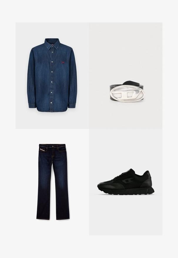 Das Denim-Hemd hat einen dunkelblauen Farbton, eine durchgehende Knopfleiste, einen spitzen Kragen, lange Ärmel und ein kleines rotes Logo auf der Brust.; Dunkelblaue Jeans aus Denim mit geradem Bein, ausgestattet mit orangefarbenen Nähten, einem Reißverschluss und Vordertaschen. Glatte Textur und Standardbund.; Schwarzer Low-Top-Sneaker mit strukturiertem Leder und Stoffpaneelen, Schnürverschluss und dicker Gummisohle auf einfachem hellem Hintergrund.; Schwarzer Ledergürtel, zusammengerollt, mit einer großen ovalen silbernen Schnalle, die ein erhabenes stilisiertes "D"-Design zeigt.
