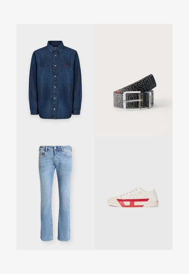 La chemise en denim présente une teinte bleu foncé, un col boutonné, un col pointu, des manches longues et un petit logo rouge sur la poitrine.; Jean droit en denim bleu clair avec poches avant, passants de ceinture, fermeture à boutons et coutures visibles sur un fond uni.; Baskets en toile avec un dessus blanc, des accents en caoutchouc rouge et un design texturé. Elles présentent une tête arrondie et cinq œillets pour les lacets.; Ceinture noire Diesel avec grand texte logo blanc, boucle rectangulaire en argent, et détail de boucle métallique brandée, enroulée sur un fond clair.