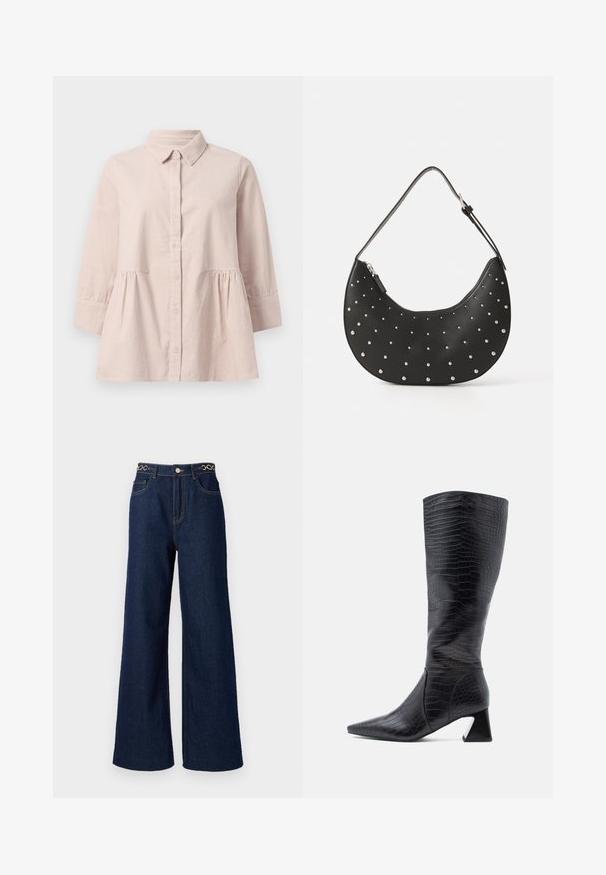 Chemise boutonnière rose pâle avec un col et des manches trois-quarts. Dotée d'une taille froncée, d'une texture douce et de fines rayures verticales.; Des jeans en denim bleu marine à jambes larges présentent une taille haute, des accents en chaîne dorée à la taille, et des détails de couture contrastants tout au long.; Bottes noires montantes jusqu'au genou avec un bout pointu, en cuir synthétique texturé effet crocodile ; elles présentent un talon épais et une finition lisse.; Sac à main en cuir noir avec une forme arrondie, orné de clous en argent, doté d'une fermeture éclair et d'une seule sangle ajustable.