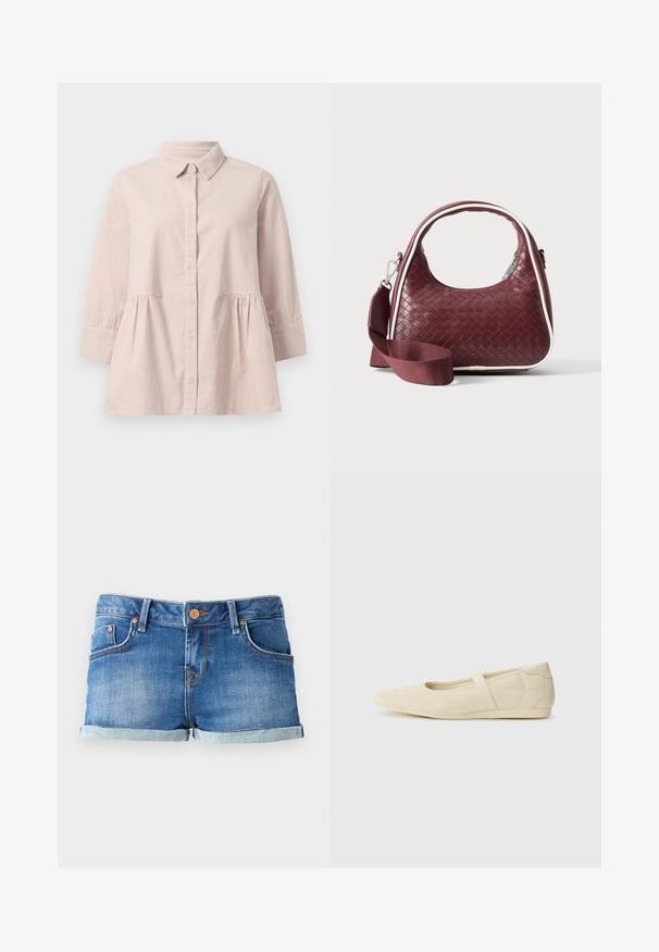 Lys pink skjorte med knaplukning, krave og trekvartærmer. Har en samlet talje, blød tekstur og subtil lodret ribbing.; Blå denimshorts med opsmøg, der har to frontlommer, en knaplukning og kontrasterende syninger.; Lysebrune ballet flats med en glat læderoverflade, mandelformet tå og elastisk rem over vristen, med diskrete syninger.; Mørkerød vævet lædertaske med buet hank, hvid kant, sølv lynlås og aftagelig bred stofskulderrem mod en ensfarvet baggrund.