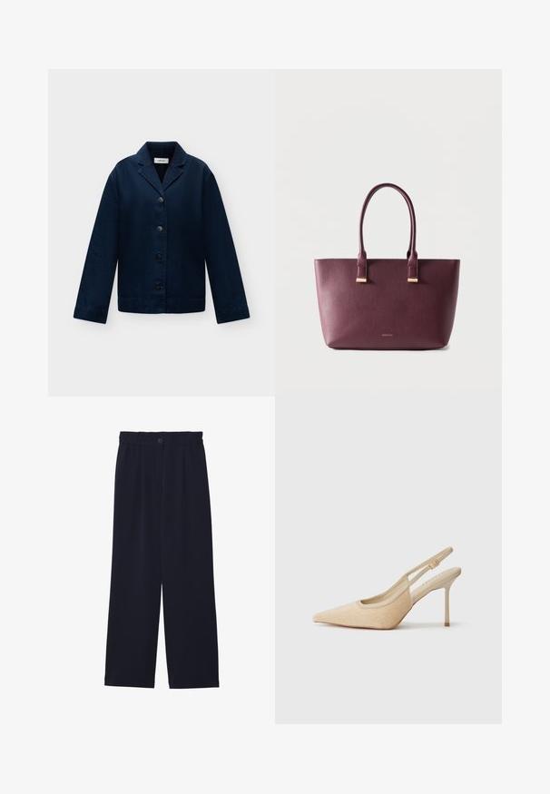 Veste bleu marine boutonnée, manches longues et col cranté, présentée à plat sur un fond clair.; Pantalons large bleu marine avec une texture lisse, taille élastique, pli avant unique et fermeture à bouton à la taille.; Escarpins slingback beiges à bout pointu, fabriqués dans un matériau texturé, avec un talon fin et une sangle ajustable.; Sac fourre-tout en cuir violet foncé avec deux poignées et petit logo de marque doré sur le devant, posé sur un fond clair uni.