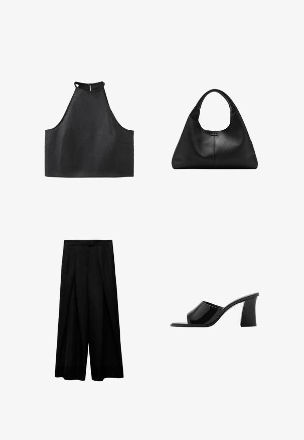 Čierny bezrukávový crop top s vysokým halter krkom a zapínaním na gombíky na chrbte.; Čierne nohavice s širokými nohavicami a vysokým pásom, s prednými záhybmi, hladkou textúrou a priliehavým pásom. Bez viditeľných vreciek.; Čierne sandále s otvorenou špičkou a lesklým lakovaným povrchom, štvorcovou špičkou a dizajnom masívneho podpätku. Elegantný siluet a hladká textúra.; Čierna kožená kabelka s textúrou, širokým základom a hrubými zaoblenými rukoväťami, s centrálnym vertikálnym švom a jemným šitím.