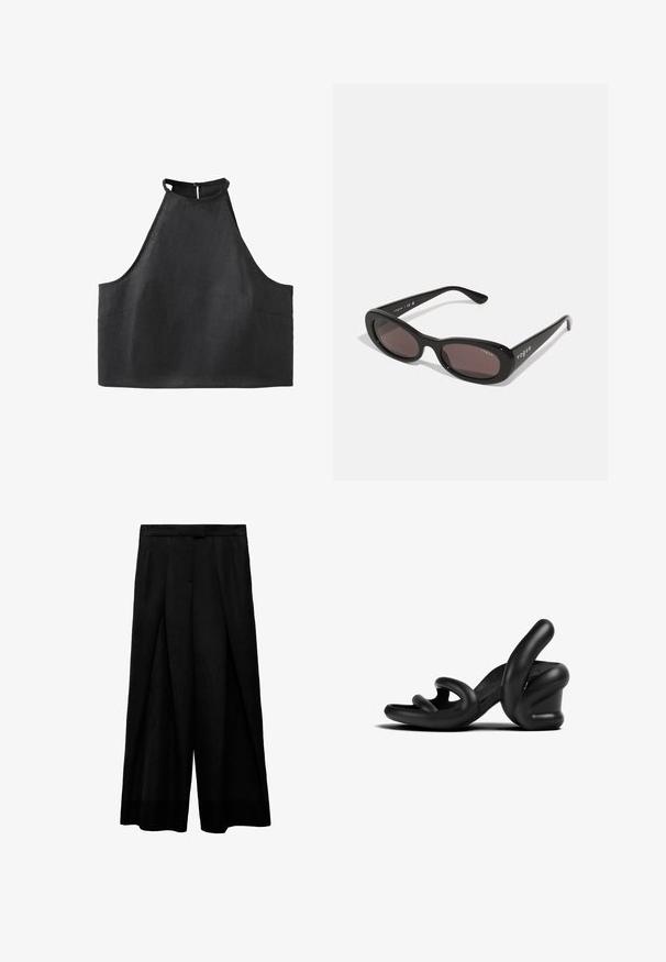 Sort ærmeløs crop top med høj halterneck og knaplukning bagpå.; Sorte bukser med brede ben og høj talje, der har frontfolder, en glat tekstur og en tætsiddende talje. Ingen synlige lommer.; Sorte høje hæle sandaler med et skulpturelt gummi-design. Har buede remme og en kraftig hæl. Glat mat overflade.; Sorte solbriller med ovale rammer, mørkt tonede linser og "vogue" trykt i hvidt på de ydre arme. Glat plastmateriale.