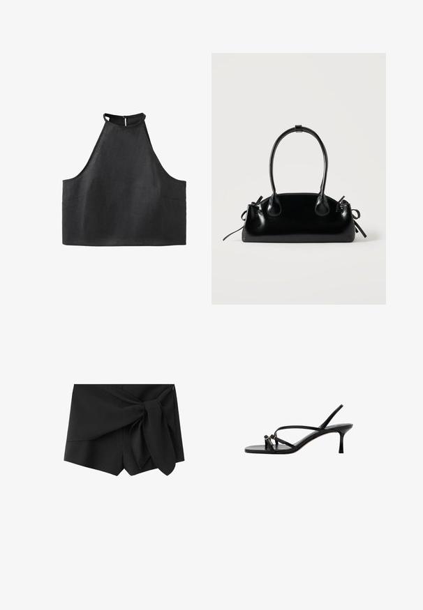 Top court noir sans manches avec col haut style halter et fermeture par boutons dans le dos.; Short noir taille haute avec détail en tissu superposé et grand nœud noué sur le côté droit devant.; Sandale en cuir noir à fines lanières, talon stiletto bas et deux petites boucles dorées près de la bride de l’orteil.; Petit sac à main noir brillant avec deux longues anses et des détails à cordon sur les côtés sur un fond clair uni.