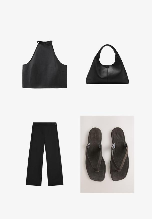 Top court noir sans manches avec col haut style halter et fermeture par boutons dans le dos.; Pantalon noir à jambes larges, taille haute, avec une petite fermeture éclair visible sur le côté droit, présenté à plat sur fond blanc.; Tongs en daim marron avec une semelle plate, dotées de brides texturées et d'un design simple. Aucun motif ou accent supplémentaire présent.; Sac à main en cuir noir texturé avec une base large et des anses épaisses et arrondies, présentant une couture verticale centrale et des détails de surpiqûres subtils.