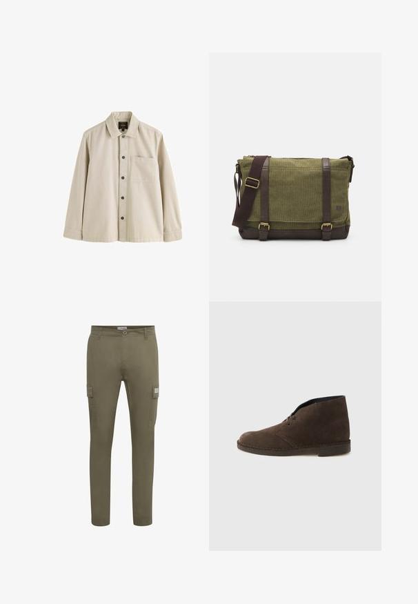 Camisa beige de manga larga con botones, cuello y un bolsillo en el pecho, hecha de una tela resistente.; Pantalones cargo verde oliva fabricados con un tejido ligero, con un corte recto, bolsillos laterales y puños elásticos en los tobillos.; Botín marrón de ante con dos ojales, tacón bajo y suela cosida sobre un fondo liso de color gris claro.; Bolso mensajero de tela verde con detalles de cuero marrón, tapa frontal, correa ajustable y cierre con cremallera en la parte superior. Presenta herrajes dorados.