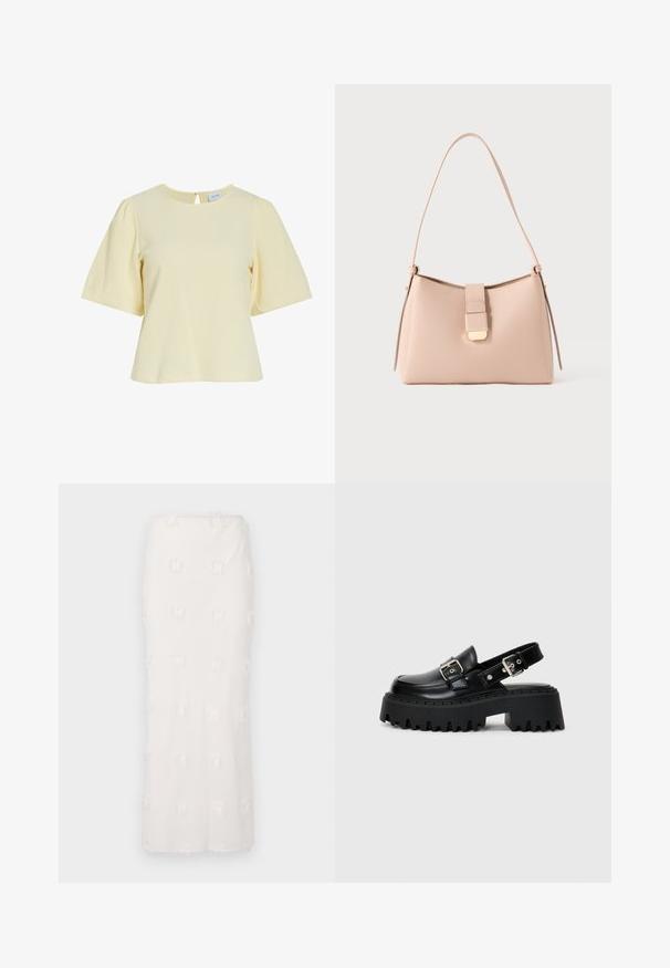 Lichtgele blouse met korte mouwen, ronde halslijn, gestructureerde stof en een kleine knoopsluiting aan de achterkant.; Witte knie-lange rok van gestructureerde stof, voorzien van een geborduurd patroon met subtiele franjes. Rechte snit en naadloze tailleband.; Zwarte platform sandalen van glanzend leer, met een gespband en een gestructureerde dikke zool met uitgesproken ribbels.; Lichtroze handtas met een gebogen vorm, gemaakt van een gestructureerd materiaal. Heeft een platte riem en een goudkleurig sluitingsdetail aan de voorkant.