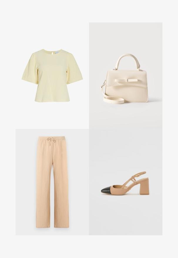 Blouse jaune clair à manches courtes avec col rond, tissu texturé et petite fermeture par bouton dans le dos.; Pantalon beige à jambes larges avec tissu texturé, taille élastique et cordon de serrage à l'avant.; Chaussure slingback beige avec un bout noir, un talon carré haut et deux accents de sangle, fabriquée en matière lisse.; Petit sac à main beige avec poignée supérieure, bandoulière amovible, rabat avant et nœud horizontal décoratif sur un fond uni.