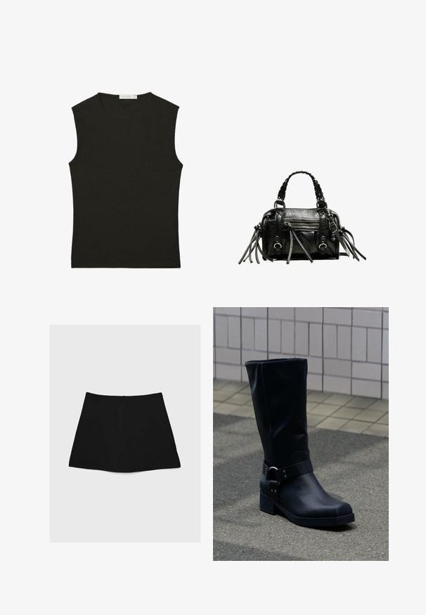 Top noir sans manches en tissu lisse ; coupe ajustée avec un col rond ; aucun motif ni accent visible.; Jupe mini noire avec une texture lisse, en forme de A et à ourlet courbé. Elle possède une fermeture éclair au dos, sans motifs ni accents supplémentaires.; Botte en cuir noire mi-mollet avec un petit talon bloc et une bride décorative avec boucle métallique autour de la cheville, sur un trottoir carrelé.; Sac à main en cuir noir avec poignées tressées, surface texturée, poche frontale zippée et accents de franges décoratives. Forme compacte et structurée.