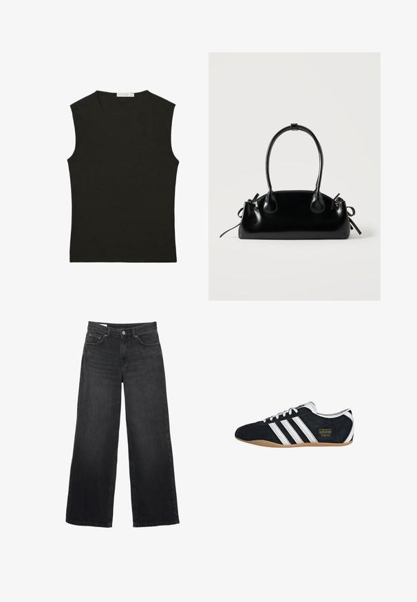 Schwarzes ärmelloses Top aus glattem Stoff; figurbetontes Design mit rundem Ausschnitt; keine sichtbaren Muster oder Akzente.; Schwarze Jeans mit weitem Bein und hoher Taille, vorne mit Knopf- und Reißverschluss, Gürtelschlaufen und Fünf-Taschen-Design.; Schwarze Wildledersneaker mit drei weißen Streifen, goldenem Logo und brauner Gummisohle. Merkmale ein niedrigprofiliertes Schnürdesign.; Kleine schwarze glänzende Handtasche mit zwei langen Griffen und seitlichen Kordelzug-Details vor einfachem hellem Hintergrund.