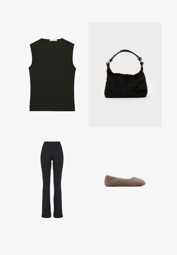 Sort ærmeløs top lavet af glat stof; tætsiddende design med rund halsudskæring; ingen synlige mønstre eller detaljer.; Sorte højtaljede, tætsiddende yogabukser med udvidede ben, præsenteret mod en hvid baggrund.; Brun, fleece-fodret ballet flats med rund tå. Blød tekstur og sømløst design, der har en lav profil. Ingen synlige detaljer.; Sort faux fur håndtaske med en blød tekstur, rund form og en robust skulderrem i sort læder. Synlige sølvhardware-detaljer.