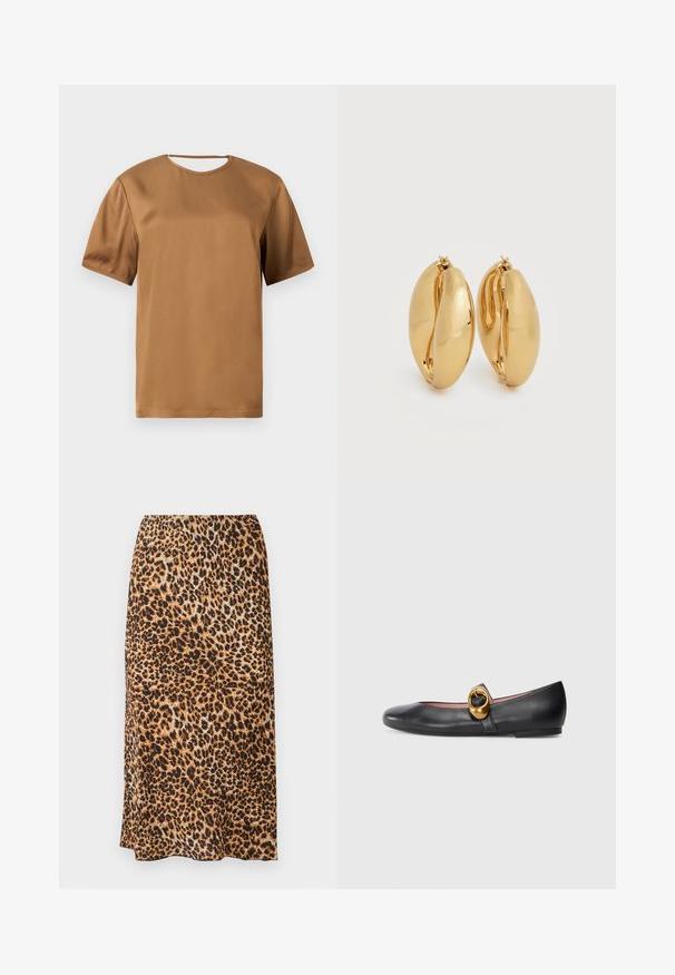 Brun satinbluse med korte ærmer, rund halsudskæring og et lille udskæringsdetalje ved bagkraven.; Leopardprint midi-nederdel i nuancer af brun og sort, med en glat tekstur og en slank, skræddersyet silhuet.; Sort læder balletflade med rund tå, prydet med en gylden cirkulær detalje på en rem. Glat tekstur; lav, flad sål.; Par af polerede øreringe i guldton med tykke hoops, en let oval, chunky form og hængsel låse på hvid baggrund.