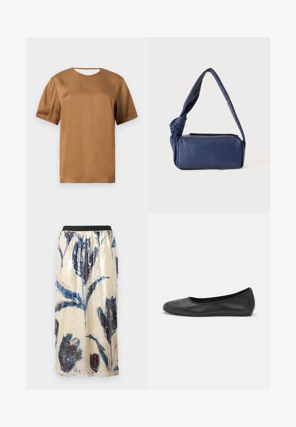 Blouse en satin brun à manches courtes, avec un col rond et un petit détail découpé au niveau du col arrière.; Jupe midi beige avec taille élastique noire, grand motif floral bleu et sombre pailleté.; Ballerines en cuir noir avec un bout rond, texture lisse, détails de couture minimalistes et design de semelle flexible.; Sac à bandoulière rectangulaire en cuir bleu foncé avec une sangle douce nouée et une fermeture éclair sur le dessus, présenté sur un fond uni.