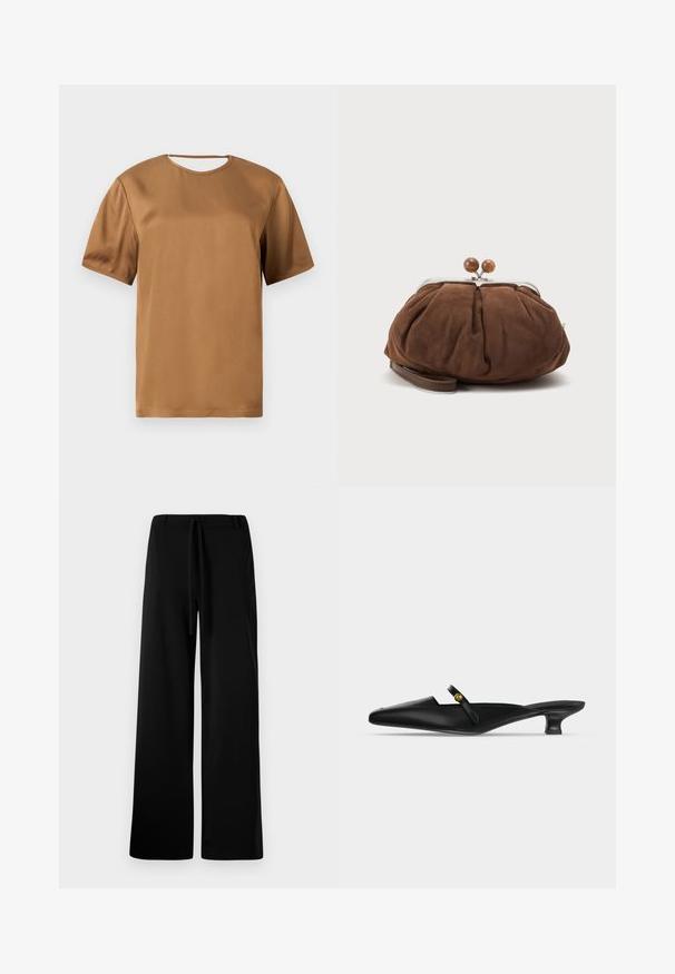 Blusa marrón de satén con mangas cortas, cuello redondo y un pequeño detalle de abertura en el cuello trasero.; Pantalones anchos de color negro, fabricados en un tejido suave, con cintura elástica y cordón, textura lisa y sin bolsillos ni estampados visibles.; Mule negro con punta afilada, tacón kitten bajo y una fina correa sobre el empeine con un pequeño detalle de botón dorado.; Bolso de mano marrón suave de ante con marco metálico plateado y bolas redondas marrones como cierre sobre un fondo claro y sencillo.