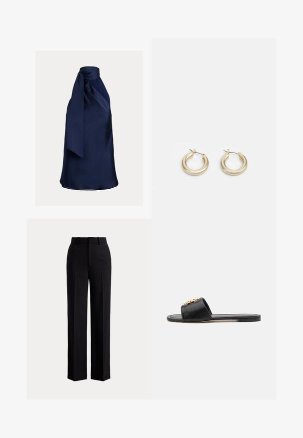 Haut dos nu en satin bleu marine avec un col noué, présentant une texture lisse et une silhouette drapée, idéal pour les occasions formelles.; Pantalon noir taille haute à jambes larges, avec passants de ceinture, plis devant et fermeture dissimulée sur un fond clair uni.; Sandales slides en cuir noir avec un bout ouvert, une semelle plate et un accent décoratif en or sur le dessus. Texture lisse avec un design minimal.; Lauren Ralph Lauren BASIC SMALL HOOP - Boucles d'oreilles - gold-coloured