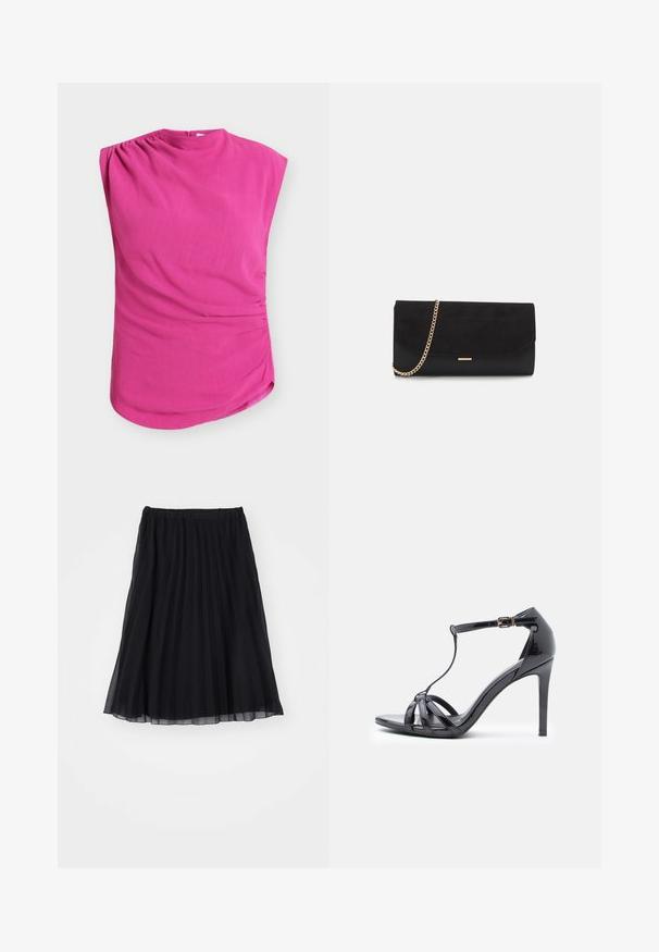Top sin mangas de color fucsia con escote drapeado y detalles fruncidos en el hombro, confeccionado en una tela suave y ligera, con dobladillo curvado.; Falda plisada negra de tela transparente, con cintura elástica. Su diseño fluido se extiende hasta la mitad de la pantorrilla, mostrando pliegues verticales.; Sandalia de tacón alto de charol negro con correas finas, diseño en forma de T, cierre de hebilla y una silueta curva y elegante.; Bolso de mano negro hecho de ante con un acabado texturizado, que presenta una cadena dorada y un diseño elegante y angular.