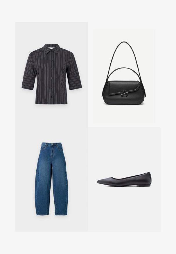 Sort kortærmet skjorte med knapper, dekorert med vertikale hvite nålestriper og spiss krage, vist på en ensfarget hvit bakgrunn.; Denimjeans i en mellemblå vask, med højt liv, bred benpasform og standard fem-lomme design med synlige stikninger.; Sort flad lædersko med spidst tåparti og lav hæl, vist i sideprofil mod en hvid baggrund.; Sort læderhåndtaske med afrundede kanter, asymmetrisk klap, metalcirkulært spænde samt både korte og lange skulderstropper.