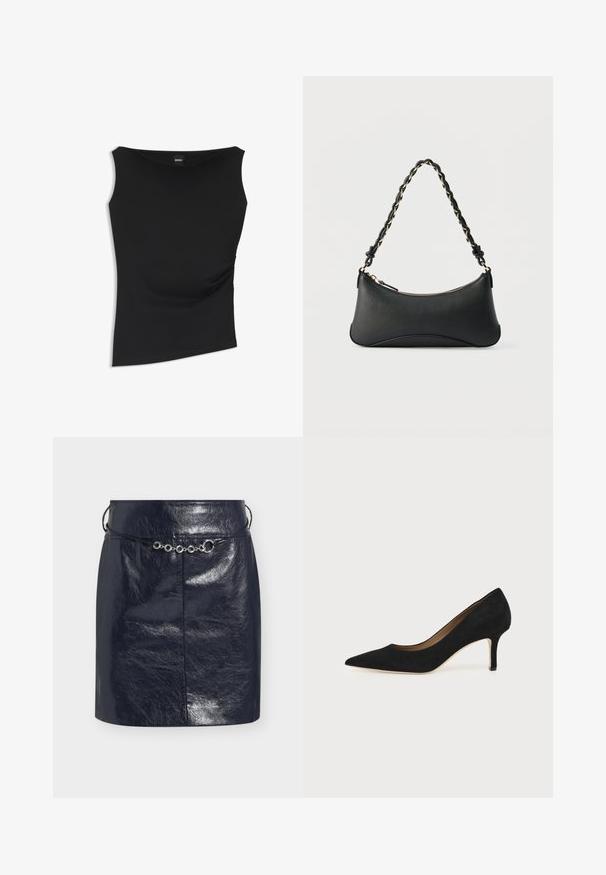Haut noir sans manches, cintré, avec encolure bateau, fronces discrètes sur les côtés et étiquette de la marque BOSS à l'intérieur du col.; Mini-jupe en similicuir noir brillant avec une fine ceinture cordon noire ornée d'accents métalliques argentés circulaires à l'avant.; Escarpin en daim noir à bout pointu avec un talon stiletto fin de hauteur moyenne et un design à coupe basse sur un fond uni.; Sac à bandoulière en cuir noir de forme rectangulaire incurvée, avec une chaîne dorée tissée dans la bandoulière noire tressée et une fermeture éclair sur le dessus.