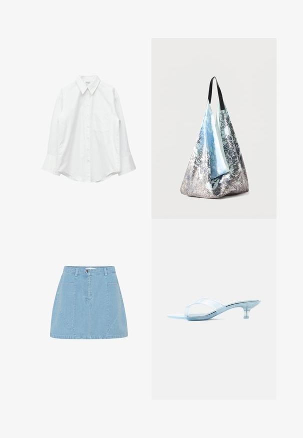 Weißes, langärmliges Hemd mit Knöpfen, Kragen und einer einzelnen Brusttasche, flach auf einem weißen Hintergrund ausgelegt.; Helles blaues Jeansrock mit hohem Bund, vorderen Taschen und dezenten Paneeldetails, versehen mit einem silbernen Knopfverschluss.; Klare Sandale mit niedrigem Absatz, durchsichtigen Riemen und einem schlanken, leicht gebogenen Absatz auf weißem Hintergrund.; Tragetasche mit schwarzen Griffen, mit einem strukturierten Design mit blauen, weißen und grauen abstrakten Mustern auf einem weichen, schlaffen Stoff.