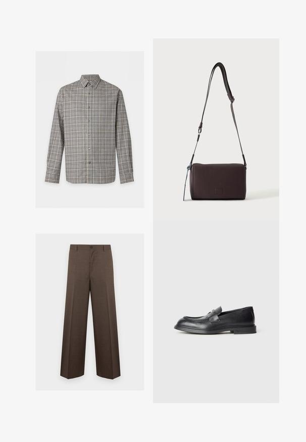 Chemise à manches longues à boutons avec un petit motif à carreaux noir, blanc et marron et un col standard, présentée sur fond blanc.; Pantalon marron à jambes larges, coupe cintrée avec passants de ceinture et fermeture par bouton, présenté à plat sur un fond blanc.; Mocassins en cuir noir avec une finition texturée, dotés d'une bride décorative à l'avant et d'un bout arrondi. Semelle en caoutchouc pour plus de durabilité.; Sac bandoulière en cuir marron foncé texturé avec une sangle réglable et un petit accent décoratif bleu sur le côté.