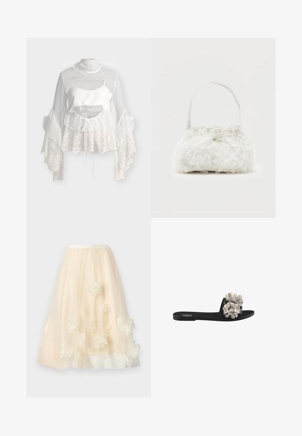 Blusa blanca transparente con cuello alto con volantes, mangas acampanadas de encaje, una capa interior corta y detalle de cintura con cordón.; Falda larga de tul crema con forro interior y apliques florales 3D distribuidos cerca del dobladillo.; Sandalia negra de plataforma con tres apliques florales texturizados en blanco en la parte superior. El diseño tiene una suela plana y punta abierta.; Pequeño bolso blanco con rosas de tela que cubren su cuerpo y una delgada correa única como asa, sobre un fondo liso.