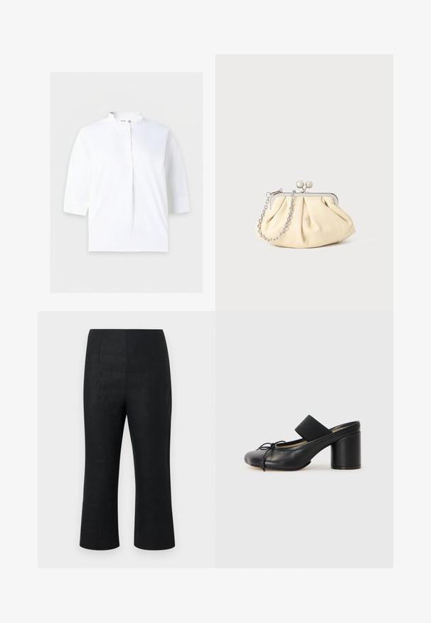 Blouse blanche avec manches trois-quarts et petit col montant, patte de boutonnage dissimulée à l'avant, design uni.; Pantalon noir court en tissu texturé avec une finition lisse. Il présente une taille mi-haute, deux plis avant et des jambes larges.; Mules noires à talons avec un bout rond, fabriquées en cuir lisse. Dotées d'une bande élastiquée et d'un talon cylindrique proéminent.; Pochette en cuir beige plissé avec un cadre en métal argenté, dotée de deux fermoirs ronds décoratifs et d'une chaîne en argent.