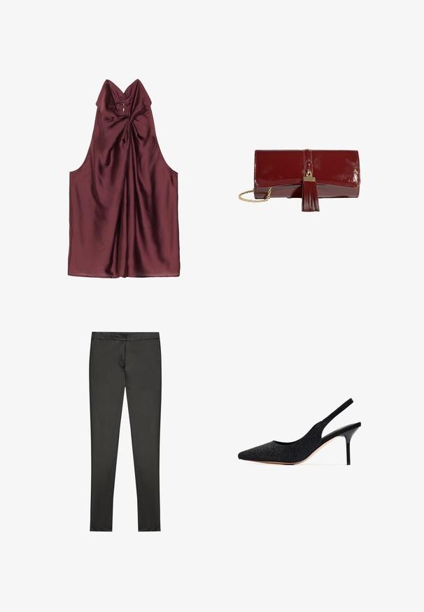 Bordeaux satijnen top met hoge kraag, geplooide voorkant en zonder mouwen. Gladde textuur en zachte draping overal.; Zwarte, slim-fit broek gemaakt van een glad, elastisch materiaal. Heeft een platte tailleband en een slank ontwerp zonder zichtbare zakken.; Zwarte slingback pump met een spitse neus, versierd met rhinestones. Heeft een elegant ontwerp, hoge stiletto hak en een gladde binnenvoering.; Glanzende donkerrode clutch met gouden kettingriem en kwastdetail op de voorste sluiting, afgebeeld op een witte achtergrond.