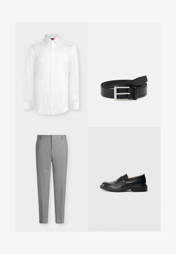 Chemise blanche à manches longues boutonnée avec col pointu et fines rayures verticales, présentée sur un fond neutre.; Pantalon de costume gris clair sur mesure avec passants de ceinture, devant plat et coupe droite sur fond blanc.; Chaussure habillée noire en cuir, à enfiler, avec un petit talon et un logo Calvin Klein discret sur le côté, présentée de profil sur un fond blanc.; Ceinture en cuir noir avec une finition brillante ; elle présente une boucle en métal argenté avec un design à cadre rectangulaire et des bords lisses.