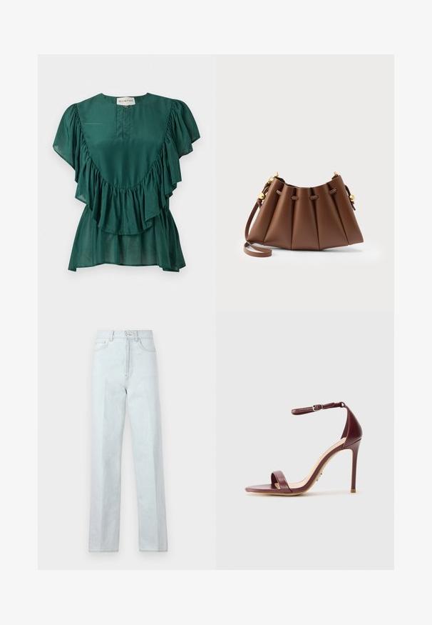 Blusa de manga corta verde oscuro con detalles fruncidos a lo largo del pecho y las mangas y una pequeña cremallera frontal debajo del escote.; Jeans de mezclilla de tono azul claro, de pierna ancha y con cintura alta, que cuentan con una cremallera frontal, cierre de botón y diseño clásico de cinco bolsillos.; Sándal de tacón alto en cuero burdeos con correa al tobillo, punta abierta y una textura lisa y mate. Presenta un tacón delgado y un diseño minimalista.; Bolso de cuero marrón plisado con correa ajustable y detalles de cordón en tono dorado sobre un fondo neutro.