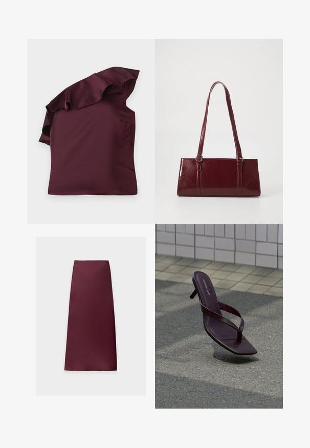 Top en satin bordeaux avec un design à épaules dénudées à volants. Texture lisse avec une coupe asymétrique et une poche latérale discrète.; Jupe midi droite de couleur bordeaux foncé unie, en tissu lisse sans motifs ni ornements visibles.; Sandale à talon brun foncé avec bout carré et fines brides flottant au-dessus d’un pavement texturé près d’un mur carrelé.; Sac à main bordeaux en matériau brillant, de forme rectangulaire, avec deux anses et des accents légèrement courbés à l'avant.