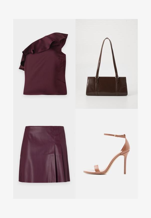 Top en satin bordeaux avec un design à épaules dénudées à volants. Texture lisse avec une coupe asymétrique et une poche latérale discrète.; ONLY ONLARTZY Short - Minijupe - mauve wine; Sandales à talons en cuir verni nude avec une fine bride à la cheville, design à bout ouvert et talon aiguille. Texture lisse et style minimaliste.; Sac à main en cuir verni marron de forme rectangulaire, avec deux longues poignées et des accents courbés subtils à l'avant.