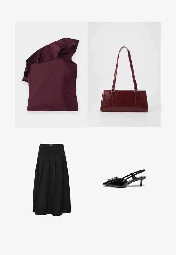 Bordeaux satijnen top met een geraffineerd ontwerp met één schouder. Gladde textuur met een asymmetrische snit en een subtiele zijzak.; Zwarte plissé midi rok gemaakt van gladde stof. Heeft een hoge taille en een vloeiende silhouet met netjes gestikte plooien.; Zwarte gepatineerde lederen slingback hakken met een puntige neus, een strikdetail aan de voorkant en een kleine stilettohak. De bandjes hebben verstelbare gespen.; Bourgondische handtas van glanzend materiaal, rechthoekige vorm, met twee schouderbanden en subtiele gebogen accenten aan de voorkant.