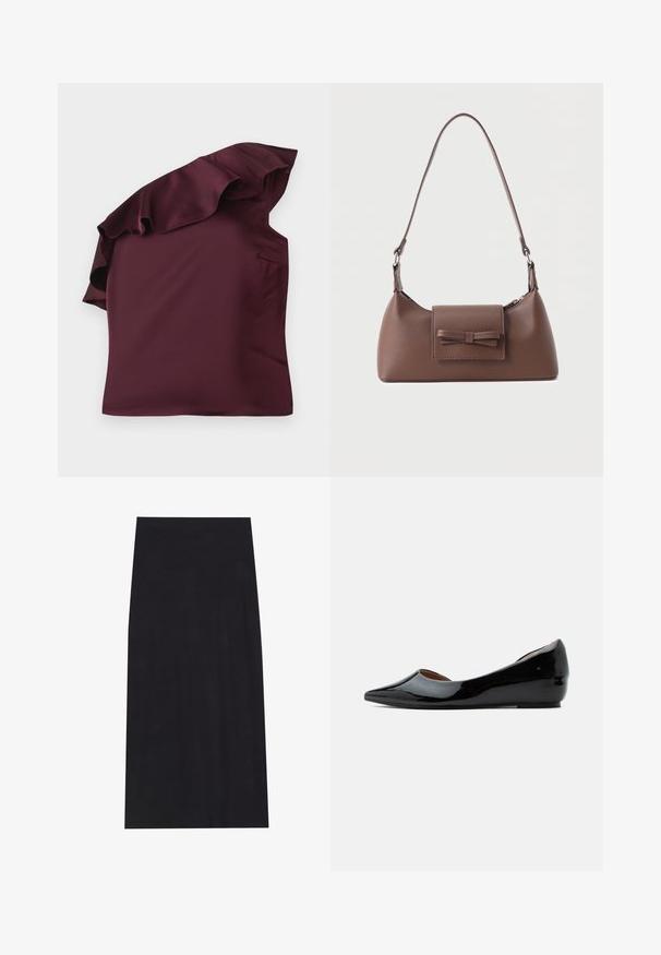 Top en satin bordeaux avec un design à épaules dénudées à volants. Texture lisse avec une coupe asymétrique et une poche latérale discrète.; Jupe midi noire en tissu doux et extensible. Présente une silhouette droite et une taille élastique pour un ajustement confortable.; Chaussure plate en cuir verni noir avec bout pointu et petit talon compensé, vue de profil sur fond uni.; Sac à bandoulière en cuir marron avec une poche à rabat avant ornée d'un détail en forme de nœud cousu et une sangle réglable.