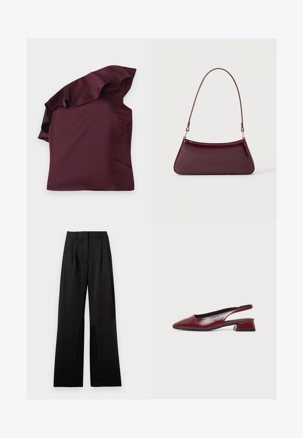 Top en satin bordeaux avec un design à épaules dénudées à volants. Texture lisse avec une coupe asymétrique et une poche latérale discrète.; Pantalon large noir avec une texture lisse, comportant des plis avant, une taille plate et des passants de ceinture. Design simple et tailleur.; Chaussure slingback en cuir marron avec bout pointu et petit talon carré, vue de profil sur fond clair uni.; Sac à main brillant bordeaux foncé avec une anse fine unique et une forme trapézoïdale élégante sur un fond clair uni.