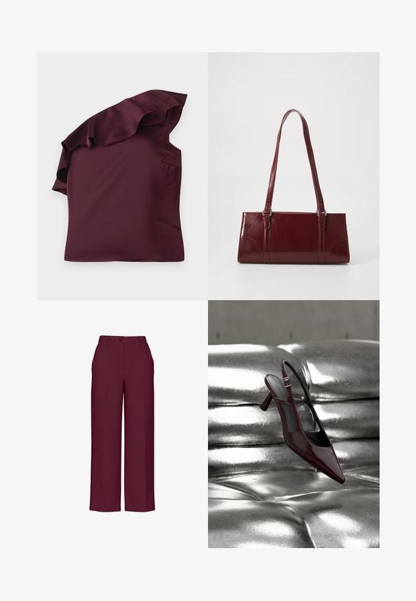 Top en satin bordeaux avec un design à épaules dénudées à volants. Texture lisse avec une coupe asymétrique et une poche latérale discrète.; Pantalons larges bordeaux en tissu texturé, avec une fermeture à bouton sur le devant et un design classique. Pas de poches supplémentaires ni d'ornements.; Escarpin slingback à talon haut, rouge foncé brillant avec bout pointu, présenté sur une surface en cuir argenté capitonné et brillant.; Sac à main bordeaux en matériau brillant, de forme rectangulaire, avec deux anses et des accents légèrement courbés à l'avant.
